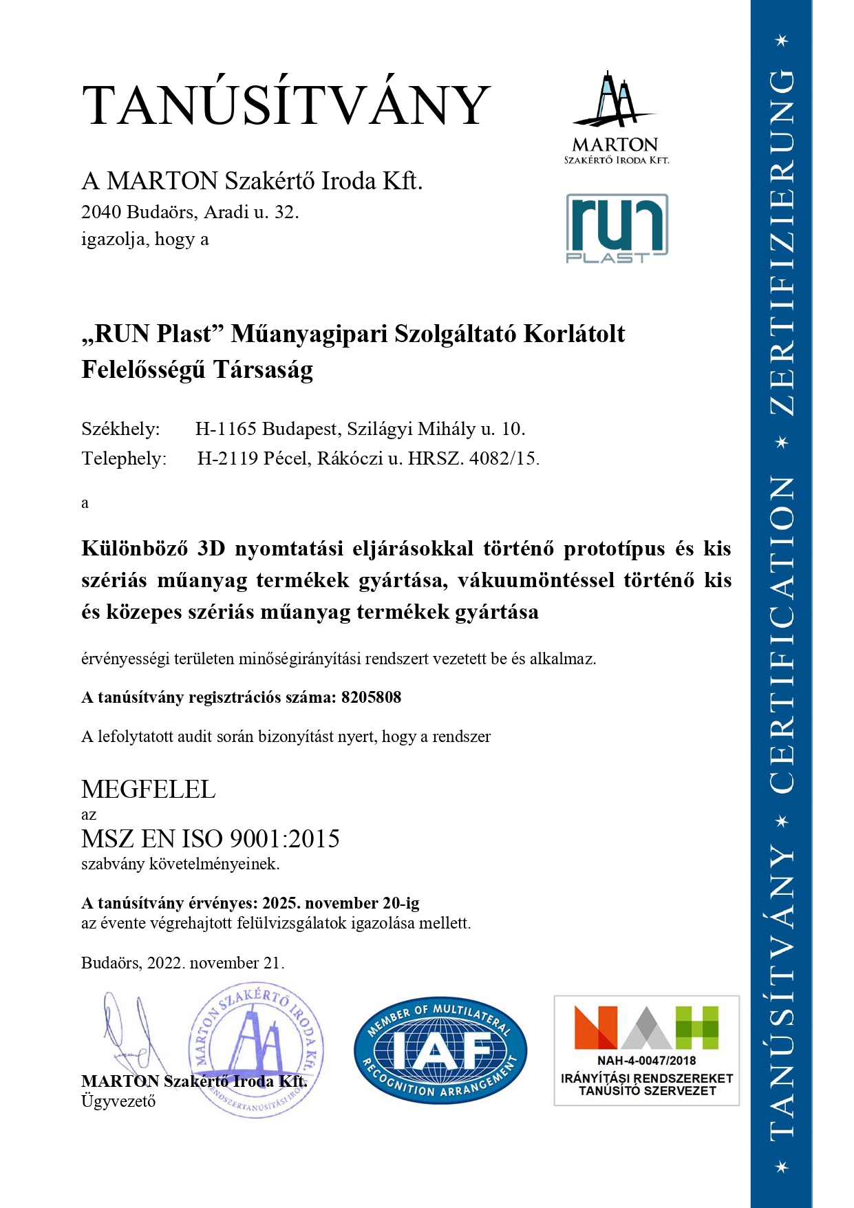 Runplast tanúsítvány